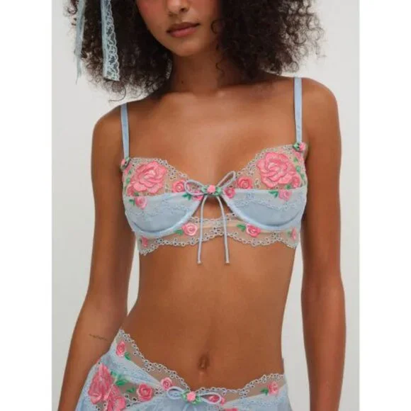 New! For Love And Lemons Blue Vintage Rose Eyelet Bra Size 32A 51325